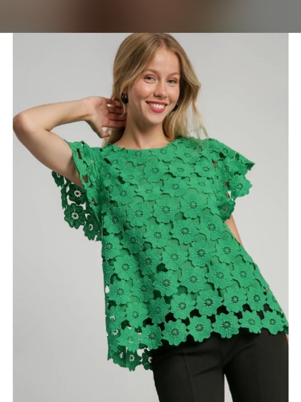 Umgee Bright Green Floral Crochet Lace Top